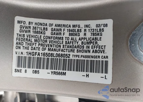2008 Honda Civic Lx from USA, damaged, VIN 1HGFA16508L068052